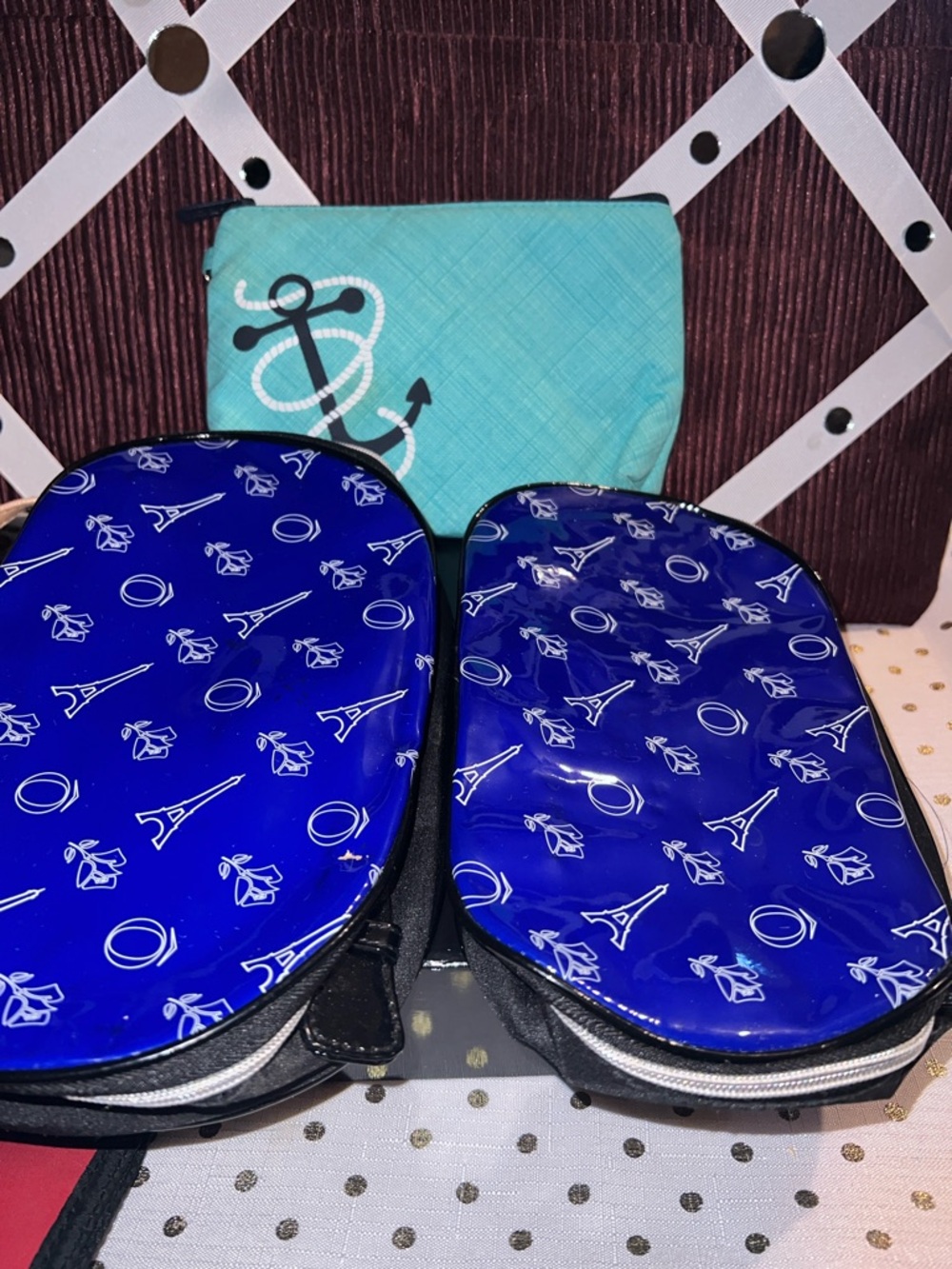 LencomeBlue Eiffel Tower Cosmetic Pouches with Teal Anchor Pouch